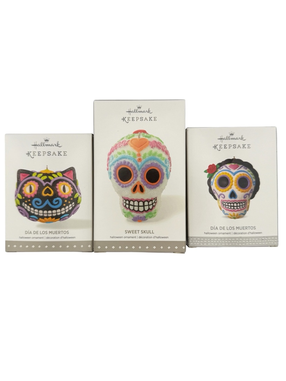 3 Hallmark Keepsake Ornaments Dia De Los Muertos Sugar Skull Cat Halloween